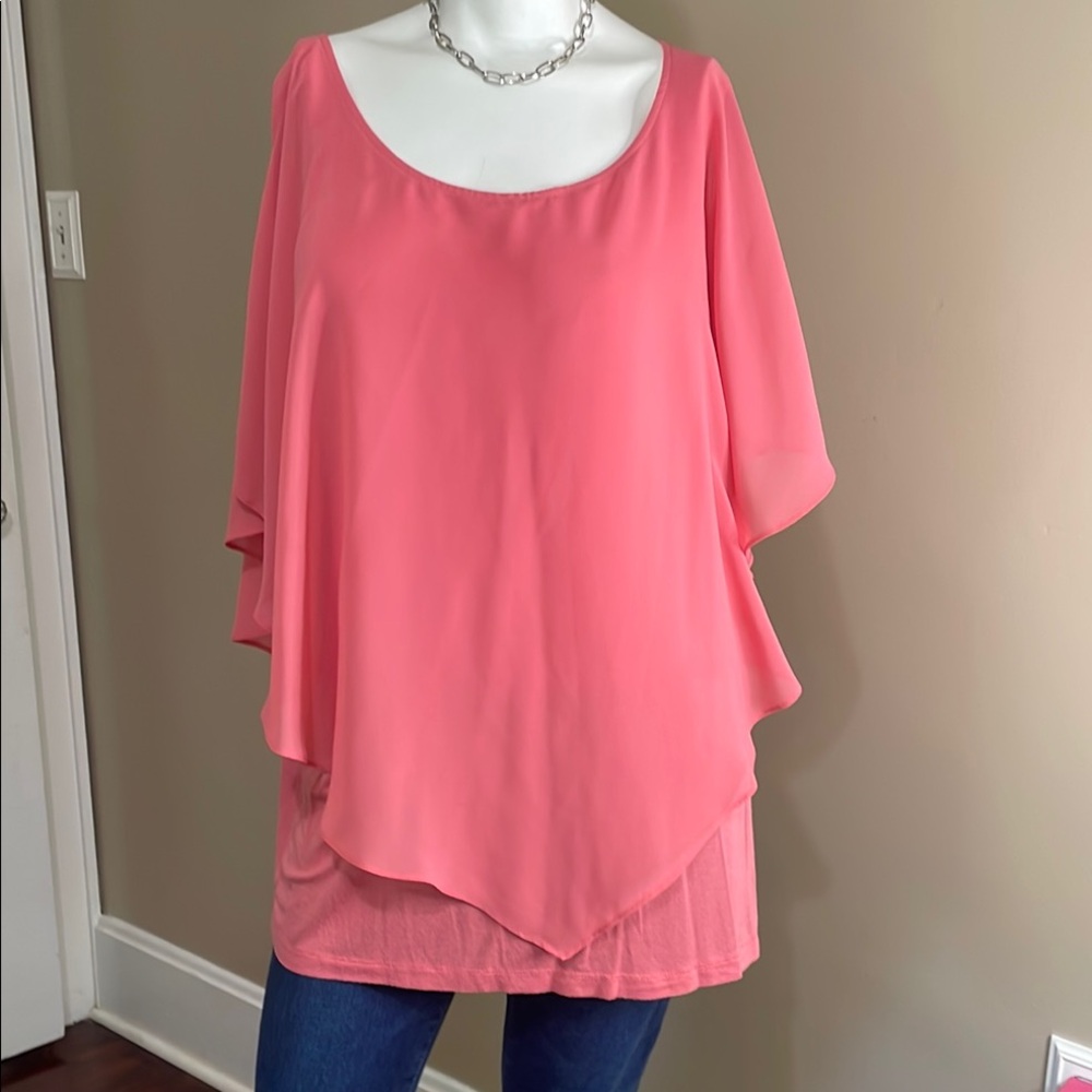 AGB Coral Flutter Sleeve Asymmetrical Blouse